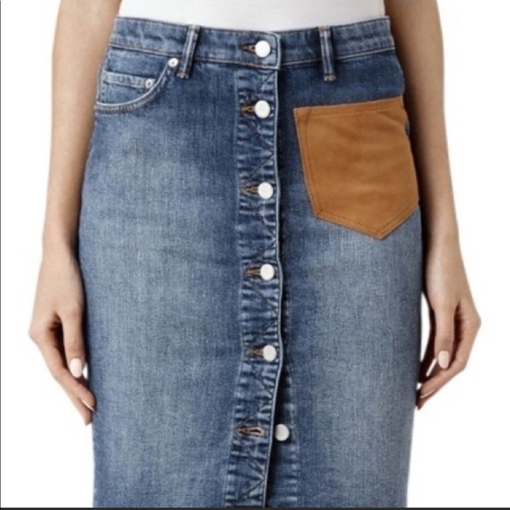 AllSaints Blue Denim Pencil Skirt with Brown Pocket
reposhed too small. - Picture 2 of 6
